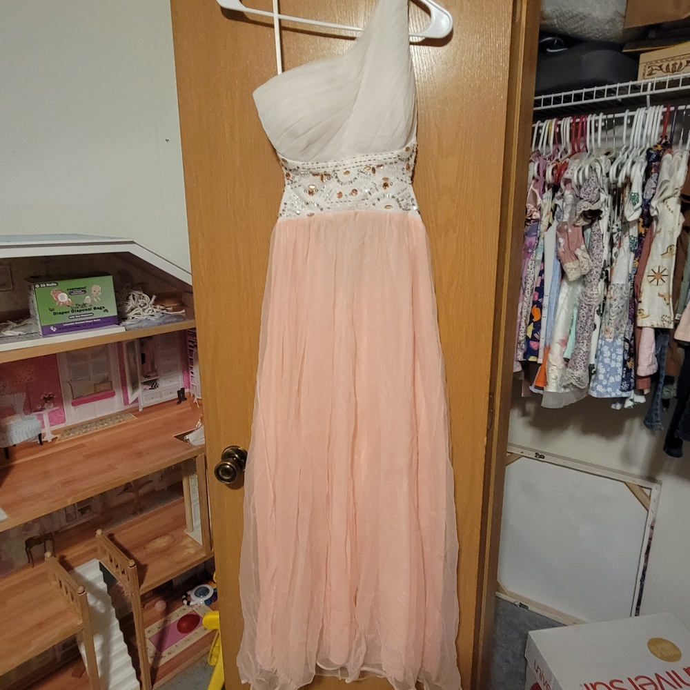 One-Shoulder White and Peach Dress